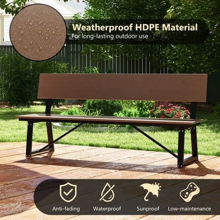 72 Inch Extra Long Bench with All-Weather HDPE Seat & Back for Yard Garden Porch-Brown - Brown - Outdoor Benches
