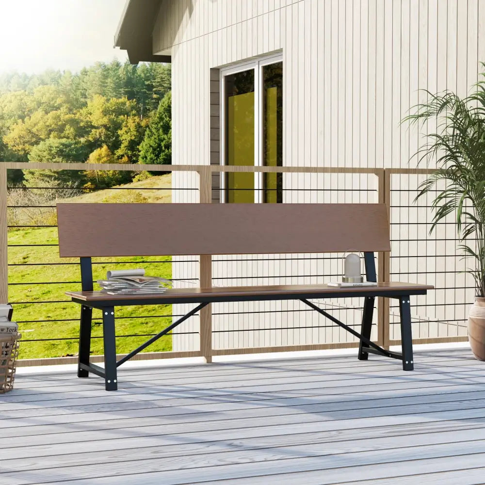 72 Inch Extra Long Bench with All-Weather HDPE Seat & Back for Yard Garden Porch-Brown - Brown - Outdoor Benches
