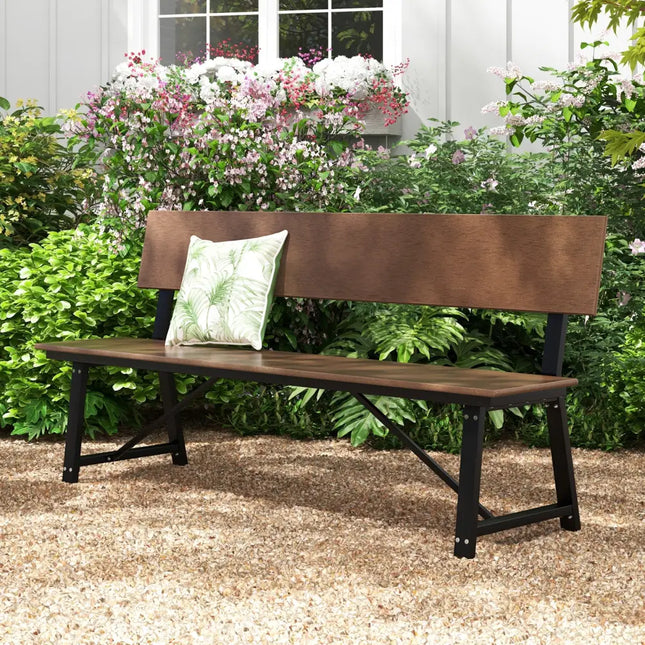 72 Inch Extra Long Bench with All-Weather HDPE Seat & Back for Yard Garden Porch-Brown - Brown - Outdoor Benches