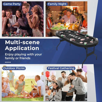 72 Inch Foldable Poker Table for 8 Players Portable Oval Card Board Game Table - Black - Oasis Home Essentials