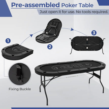 72 Inch Foldable Poker Table for 8 Players Portable Oval Card Board Game Table - Black - Oasis Home Essentials
