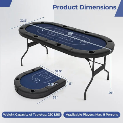 72 Inch Foldable Poker Table for 8 Players Portable Oval Card Board Game Table - Blue - Oasis Home Essentials