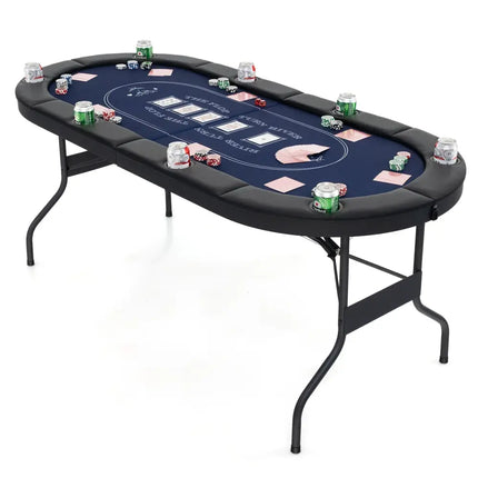 72 Inch Foldable Poker Table for 8 Players Portable Oval Card Board Game Table - Blue - Oasis Home Essentials