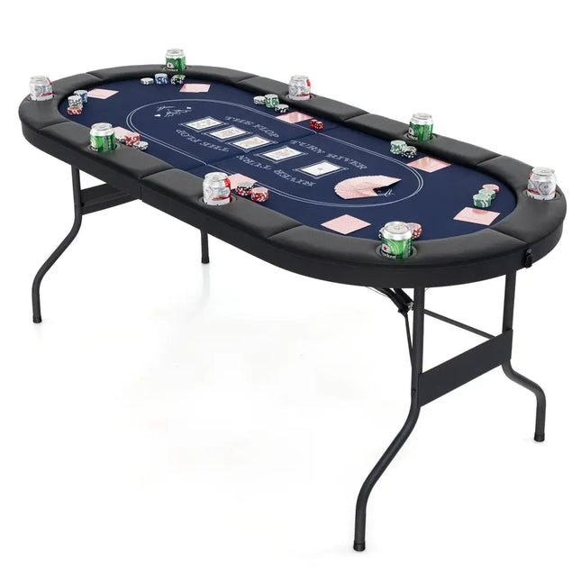 72 Inch Foldable Poker Table for 8 Players Portable Oval Card Board Game Table - Blue - Oasis Home Essentials