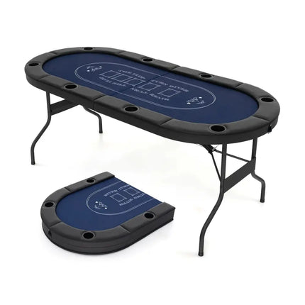 72 Inch Foldable Poker Table for 8 Players Portable Oval Card Board Game Table - Blue - Oasis Home Essentials