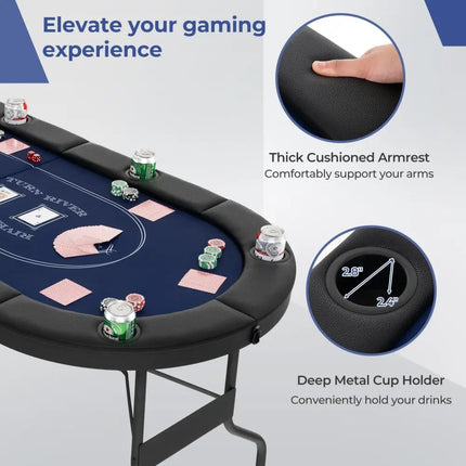 72 Inch Foldable Poker Table for 8 Players Portable Oval Card Board Game Table - Blue - Oasis Home Essentials