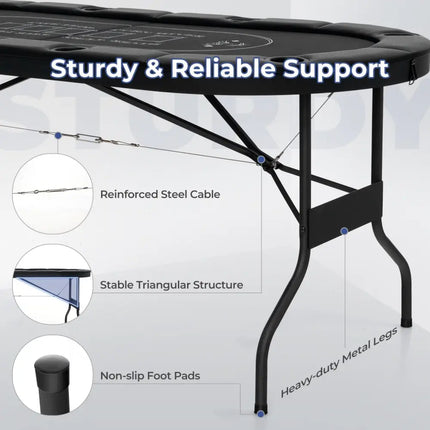 72 Inch Foldable Poker Table for 8 Players Portable Oval Card Board Game Table - Black - Oasis Home Essentials