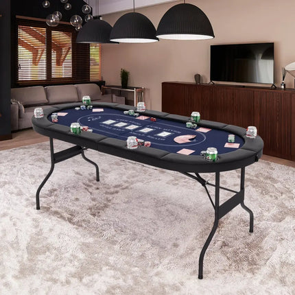 72 Inch Foldable Poker Table for 8 Players Portable Oval Card Board Game Table - Blue - Oasis Home Essentials