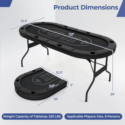 72 Inch Foldable Poker Table for 8 Players Portable Oval Card Board Game Table - Black - Oasis Home Essentials