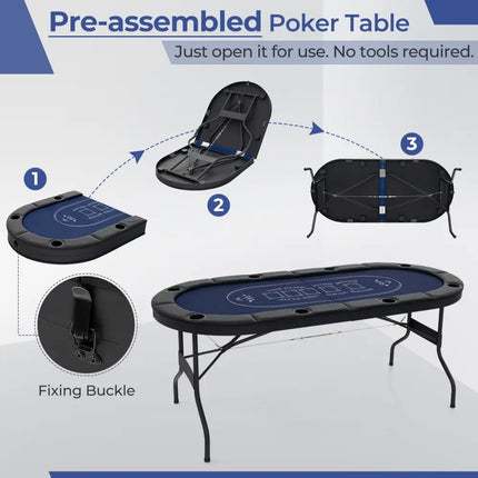 72 Inch Foldable Poker Table for 8 Players Portable Oval Card Board Game Table - Blue - Oasis Home Essentials