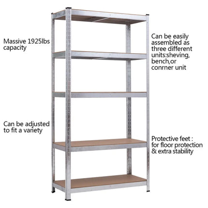 72 Inch Storage Shelf Steel Metal 5 Levels Adjustable Shelves - Silver - Garages
