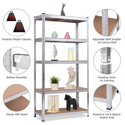 72 Inch Storage Shelf Steel Metal 5 Levels Adjustable Shelves - Silver - Garages