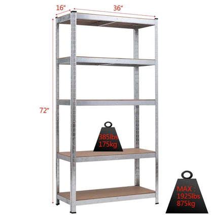72 Inch Storage Shelf Steel Metal 5 Levels Adjustable Shelves - Silver - Garages