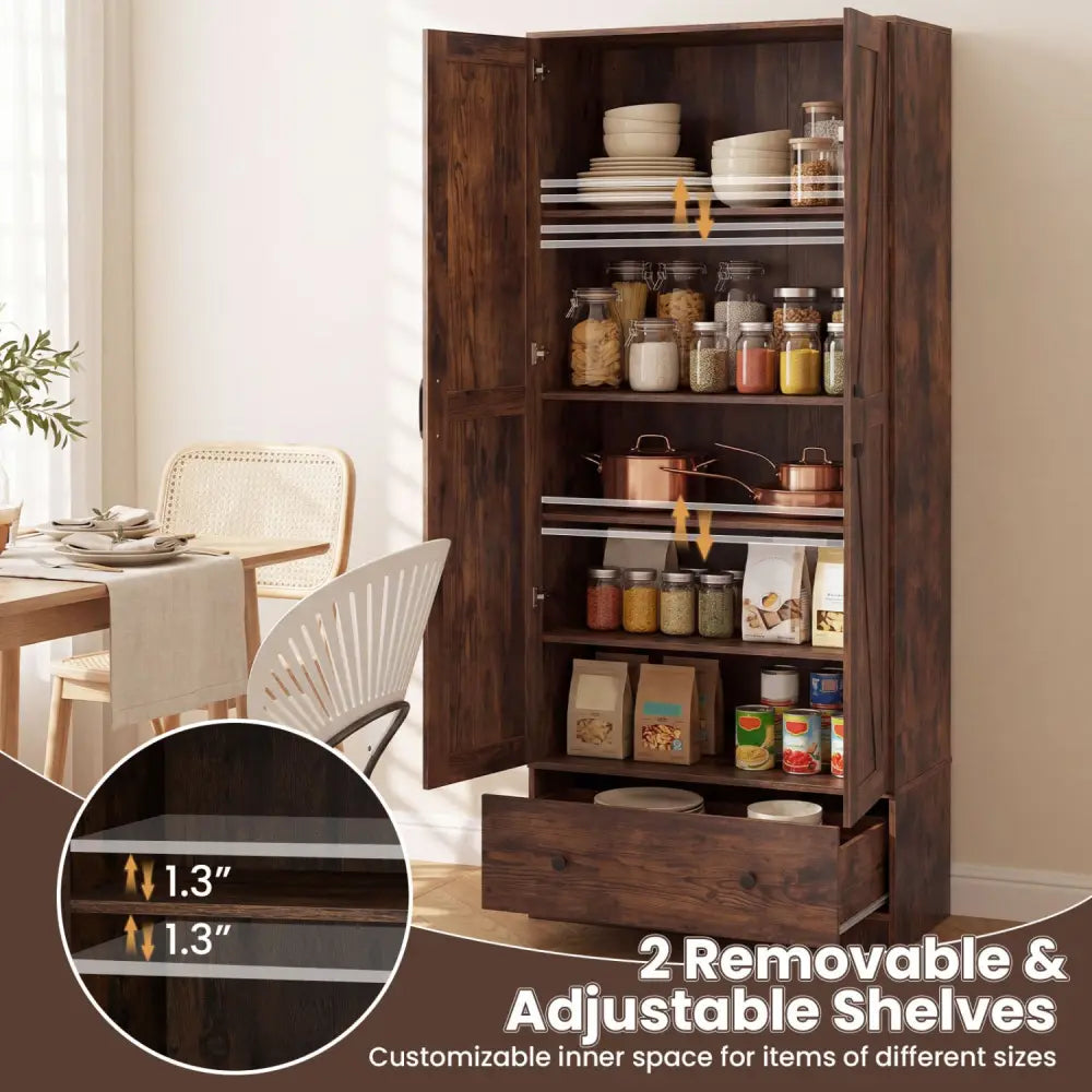 72 Inch Tall Kitchen Pantry Cabinet Farmhouse Wooden Cupboard with 2 Doors-Rustic Brown - Rustic Brown - Sideboards