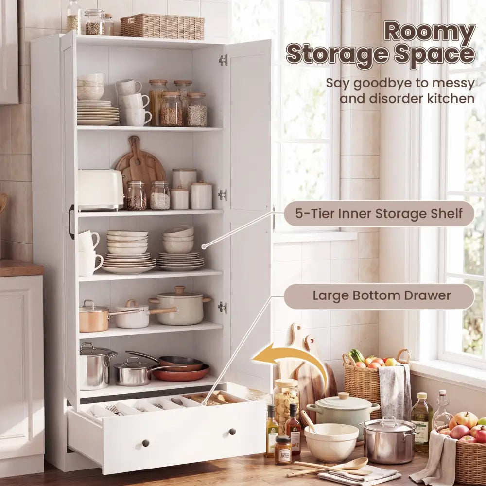 72 Inch Tall Kitchen Pantry Cabinet Farmhouse Wooden Cupboard with 2 Doors-White - White - Sideboards Cabinets & Buffets