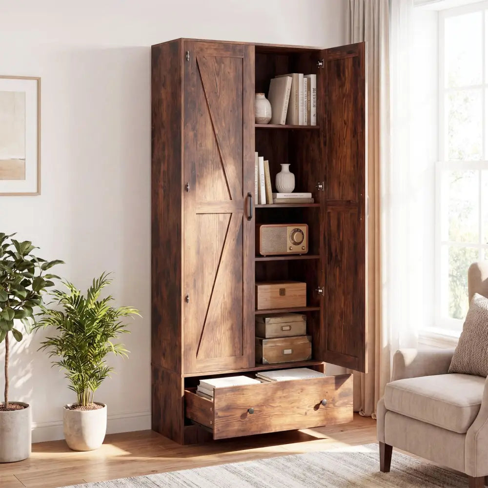 72 Inch Tall Kitchen Pantry Cabinet Farmhouse Wooden Cupboard with 2 Doors-Rustic Brown - Rustic Brown - Sideboards