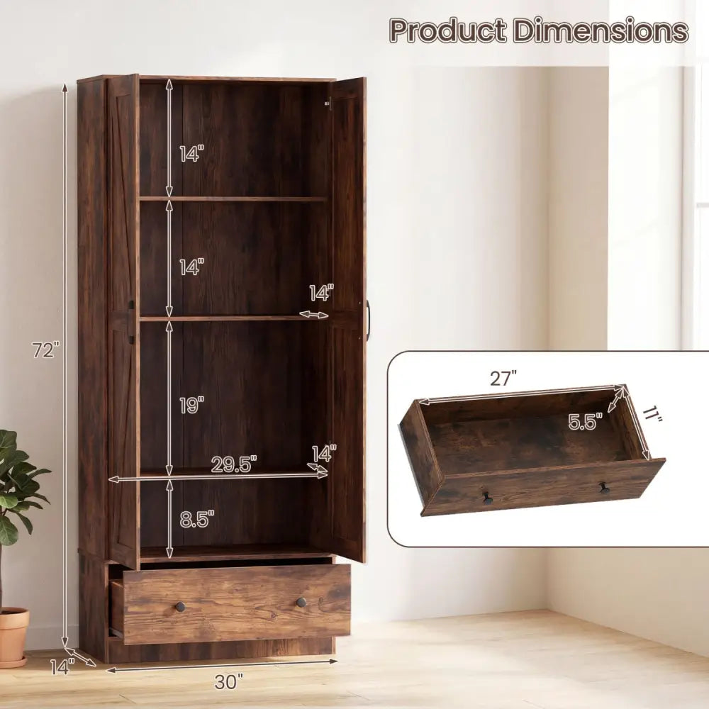 72 Inch Tall Kitchen Pantry Cabinet Farmhouse Wooden Cupboard with 2 Doors-Rustic Brown - Rustic Brown - Sideboards