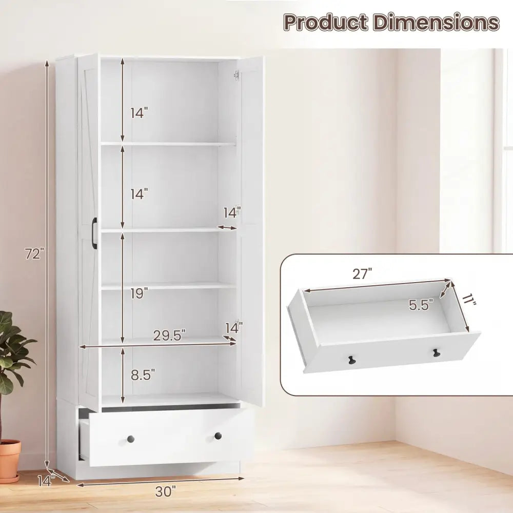 72 Inch Tall Kitchen Pantry Cabinet Farmhouse Wooden Cupboard with 2 Doors-White - White - Sideboards Cabinets & Buffets