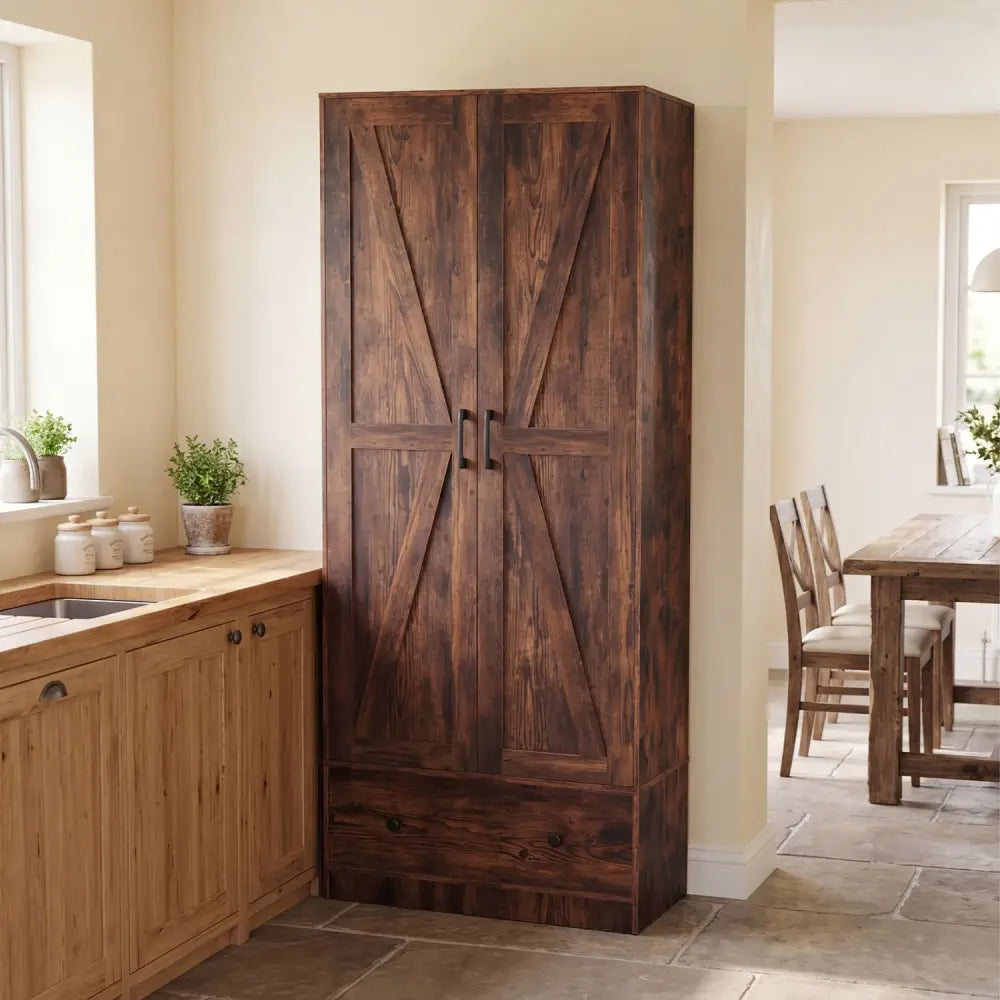 72 Inch Tall Kitchen Pantry Cabinet Farmhouse Wooden Cupboard with 2 Doors-Rustic Brown - Rustic Brown - Sideboards