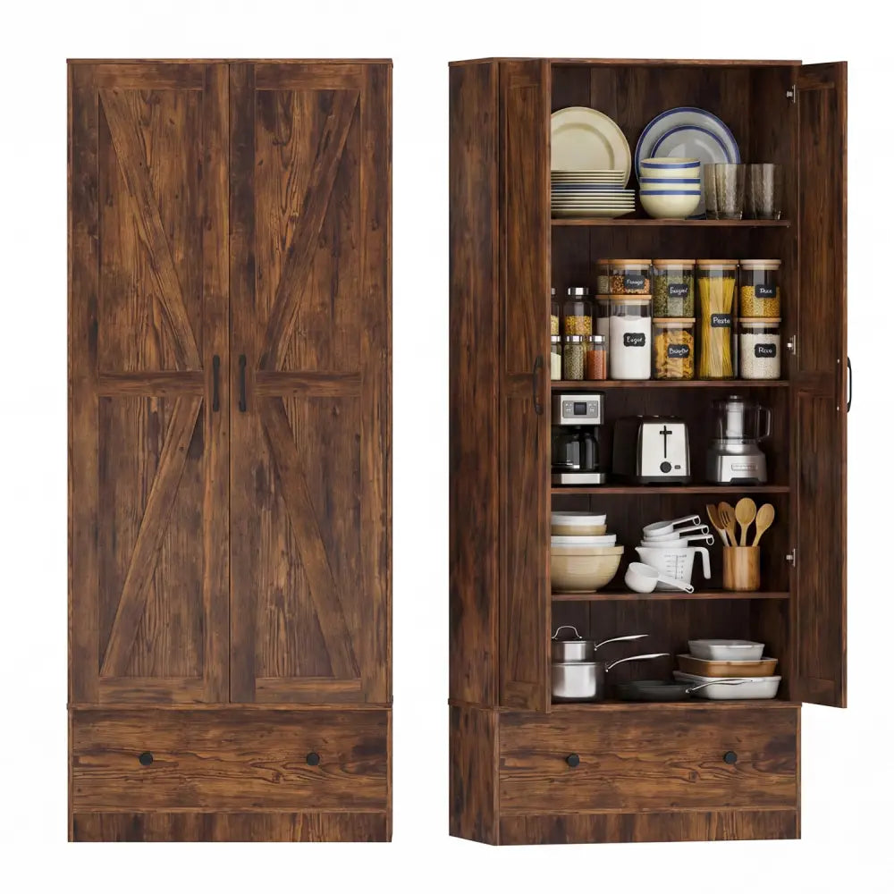 72 Inch Tall Kitchen Pantry Cabinet Farmhouse Wooden Cupboard with 2 Doors-Rustic Brown - Rustic Brown - Sideboards