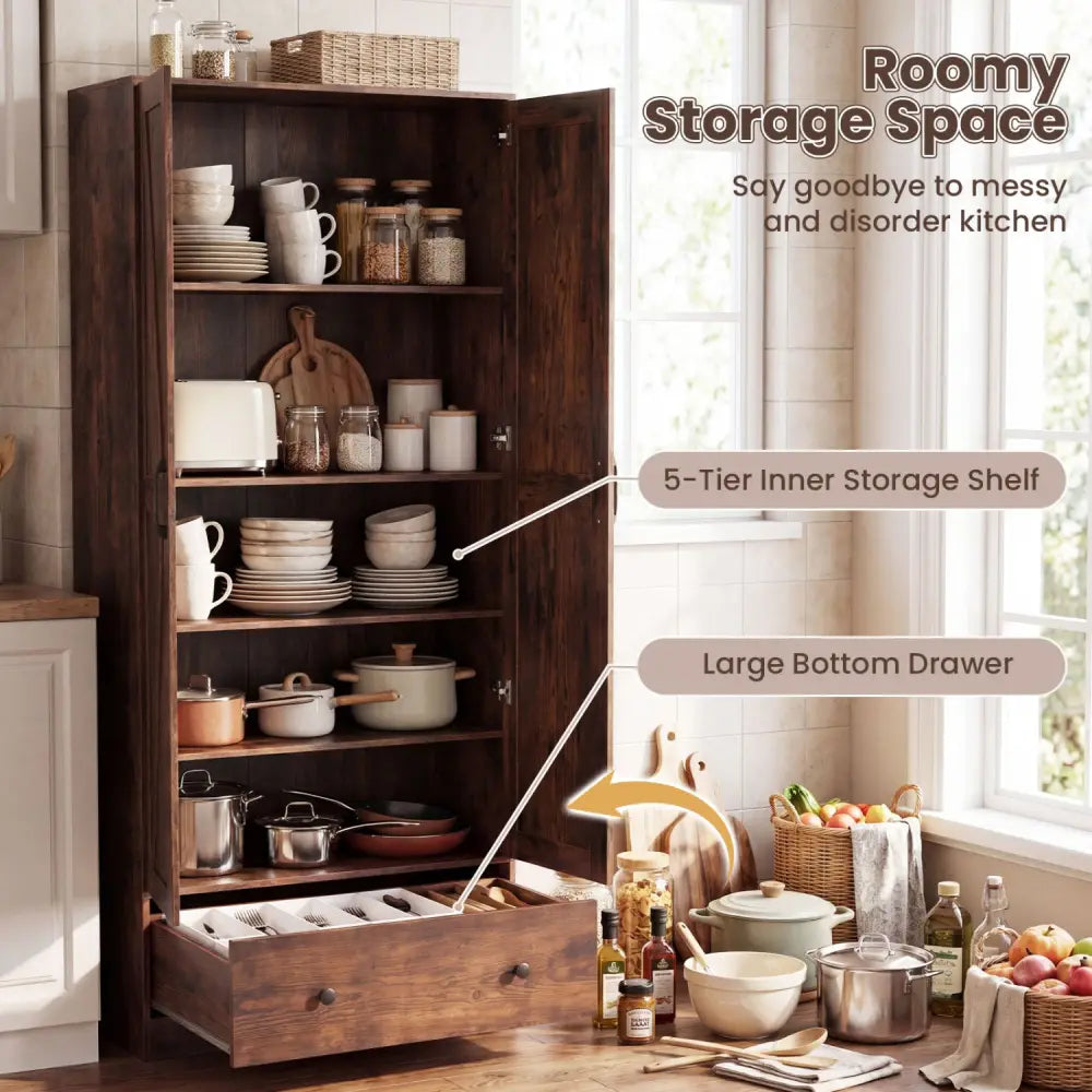 72 Inch Tall Kitchen Pantry Cabinet Farmhouse Wooden Cupboard with 2 Doors-Rustic Brown - Rustic Brown - Sideboards