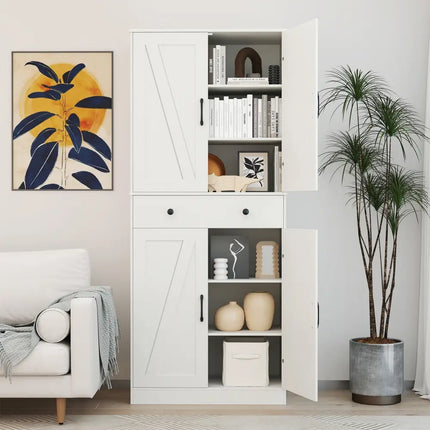 72 Inch Tall Modern Farmhouse Cupboard Cabinet with 4 Barn Doors-White - White - Clothing & Closet Storage