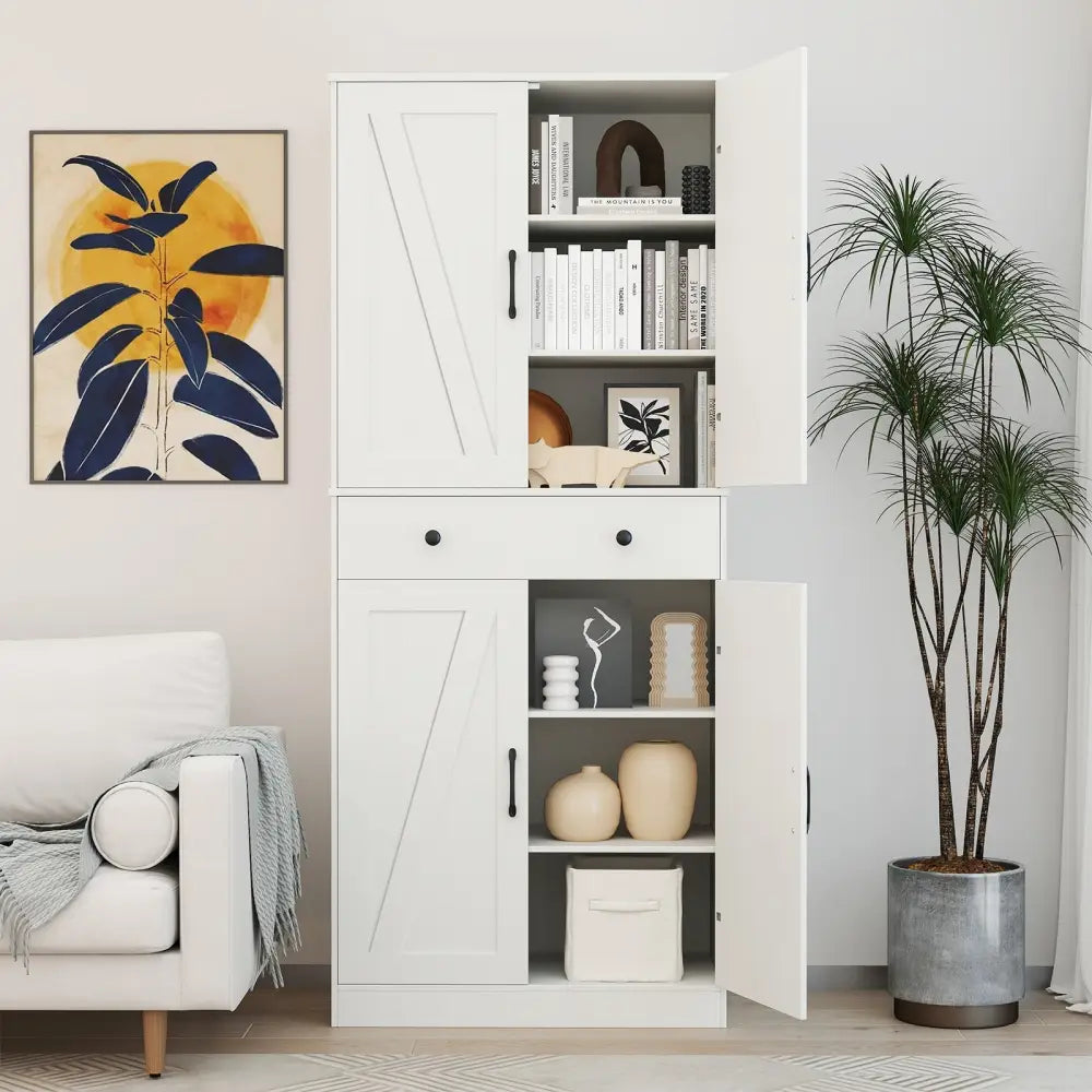 72 Inch Tall Modern Farmhouse Cupboard Cabinet with 4 Barn Doors-White - White - Clothing & Closet Storage