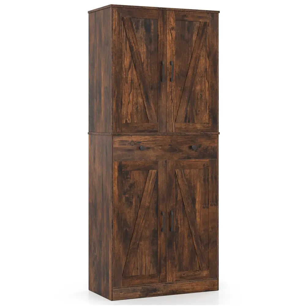 72 Inch Tall Modern Farmhouse Cupboard Cabinet with 4 Barn Doors-Coffee - Coffee - Clothing & Closet Storage