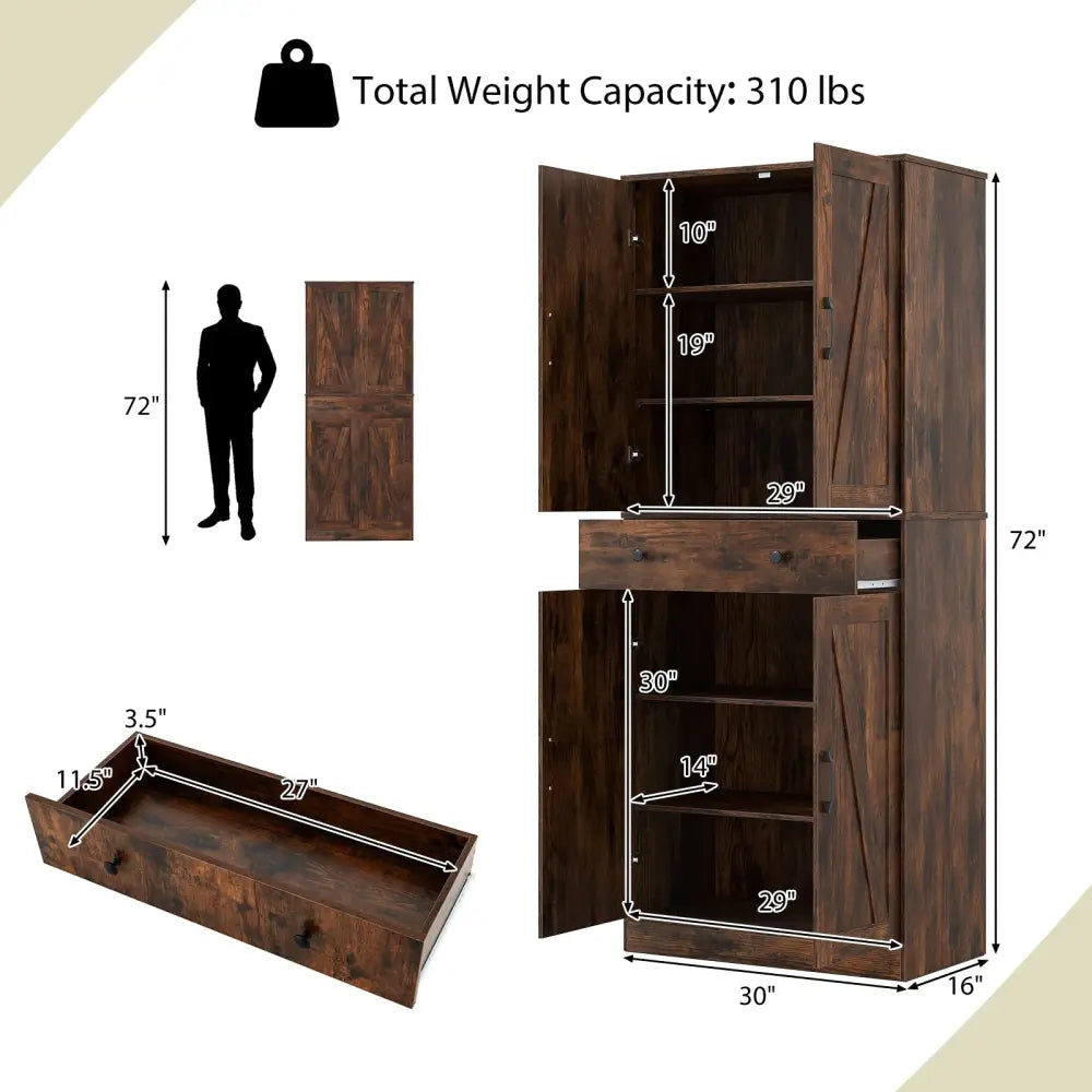72 Inch Tall Modern Farmhouse Cupboard Cabinet with 4 Barn Doors-Coffee - Coffee - Clothing & Closet Storage