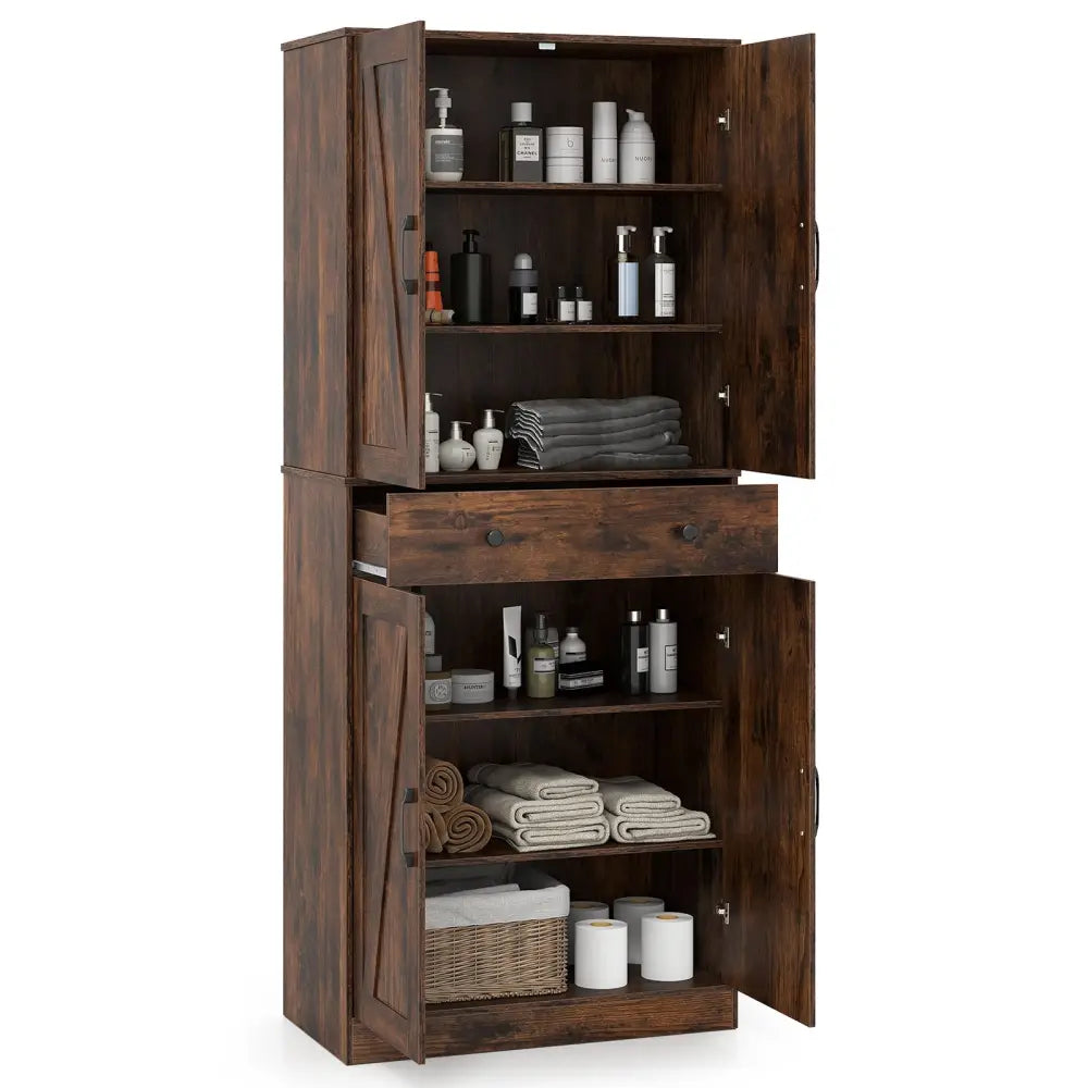 72 Inch Tall Modern Farmhouse Cupboard Cabinet with 4 Barn Doors-Coffee - Coffee - Clothing & Closet Storage