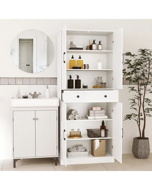 72 Inch Tall Modern Farmhouse Cupboard Cabinet with 4 Barn Doors-White - White - Cabinets & Chests