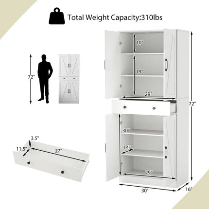 72 Inch Tall Modern Farmhouse Cupboard Cabinet with 4 Barn Doors-White - White - Clothing & Closet Storage