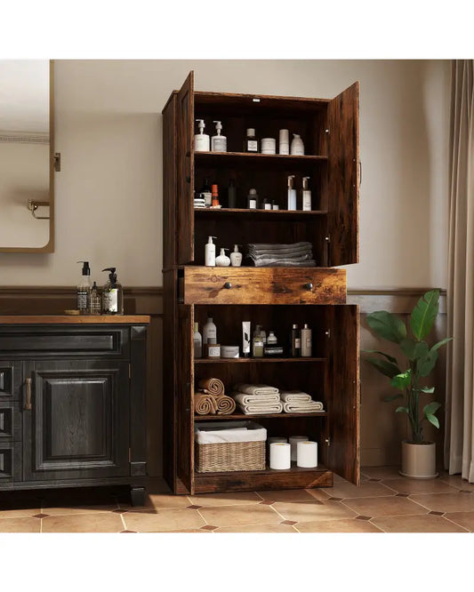 72 Inch Tall Modern Farmhouse Cupboard Cabinet with 4 Barn Doors-Coffee - Coffee - Cabinets & Chests