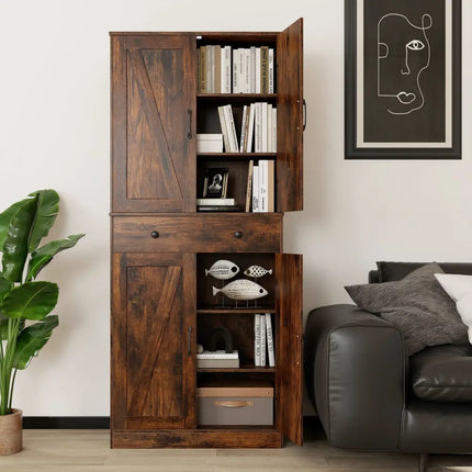 72 Inch Tall Modern Farmhouse Cupboard Cabinet with 4 Barn Doors-Coffee - Coffee - Clothing & Closet Storage