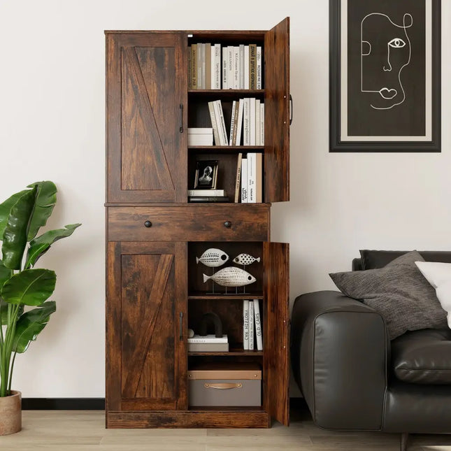 72 Inch Tall Modern Farmhouse Cupboard Cabinet with 4 Barn Doors-Coffee - Coffee - Clothing & Closet Storage