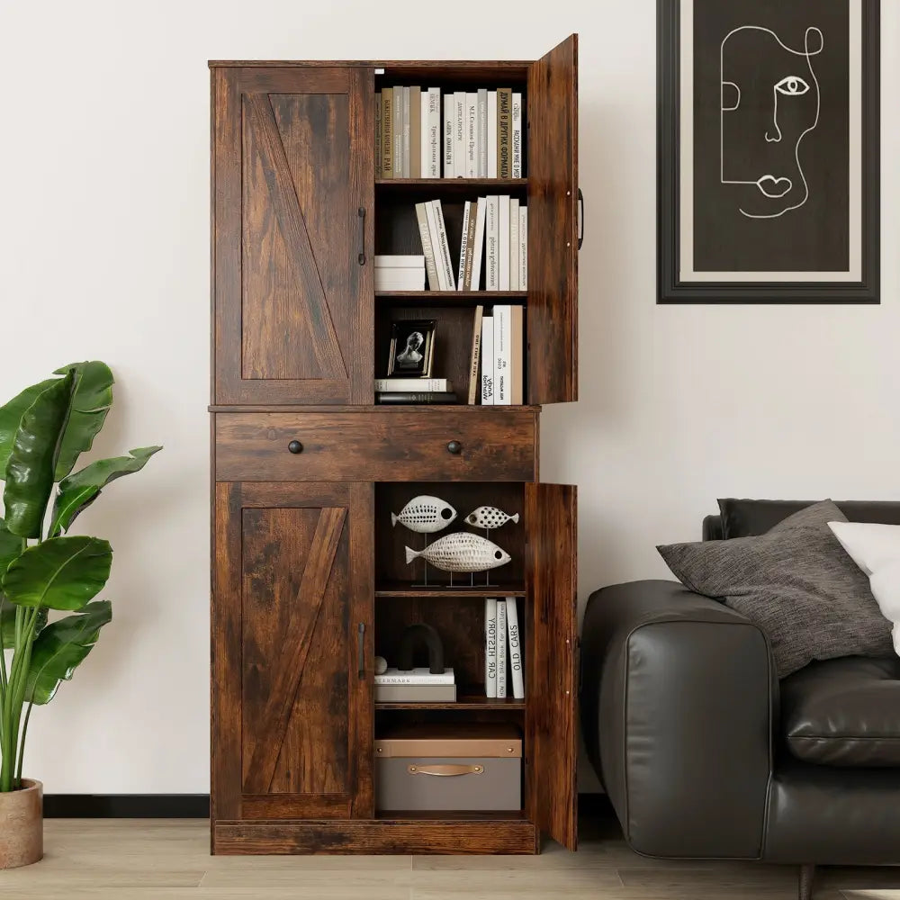 72 Inch Tall Modern Farmhouse Cupboard Cabinet with 4 Barn Doors-Coffee - Coffee - Clothing & Closet Storage
