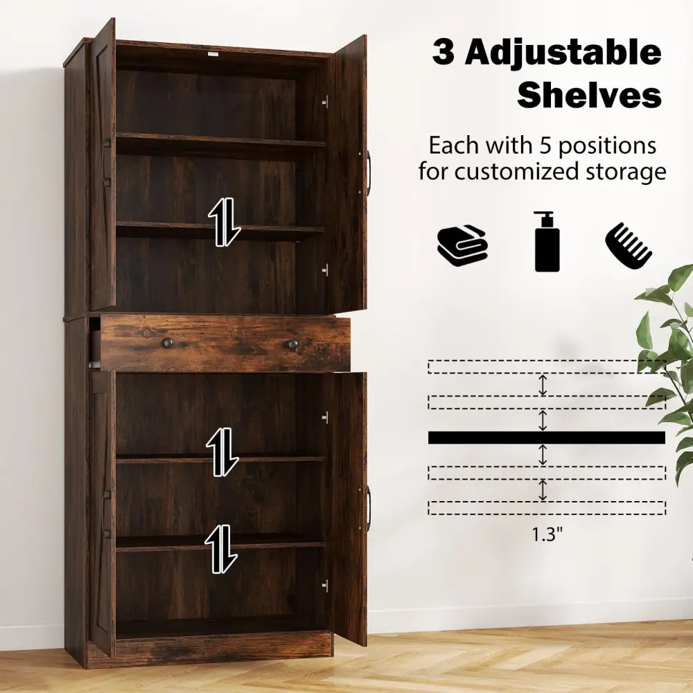 72 Inch Tall Modern Farmhouse Cupboard Cabinet with 4 Barn Doors-Coffee - Coffee - Clothing & Closet Storage