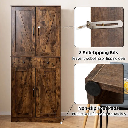 72 Inch Tall Modern Farmhouse Cupboard Cabinet with 4 Barn Doors-Coffee - Coffee - Clothing & Closet Storage