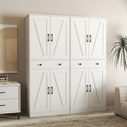 72 Inch Tall Modern Farmhouse Cupboard Cabinet with 4 Barn Doors-White - White - Clothing & Closet Storage