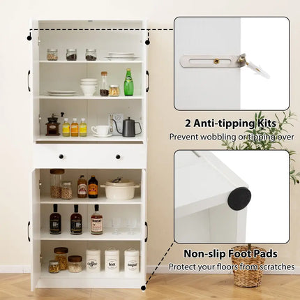 72 Inch Tall Modern Farmhouse Cupboard Cabinet with 4 Barn Doors-White - White - Clothing & Closet Storage
