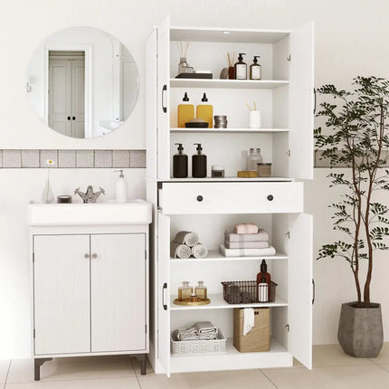 72 Inch Tall Modern Farmhouse Cupboard Cabinet with 4 Barn Doors-White - White - Clothing & Closet Storage