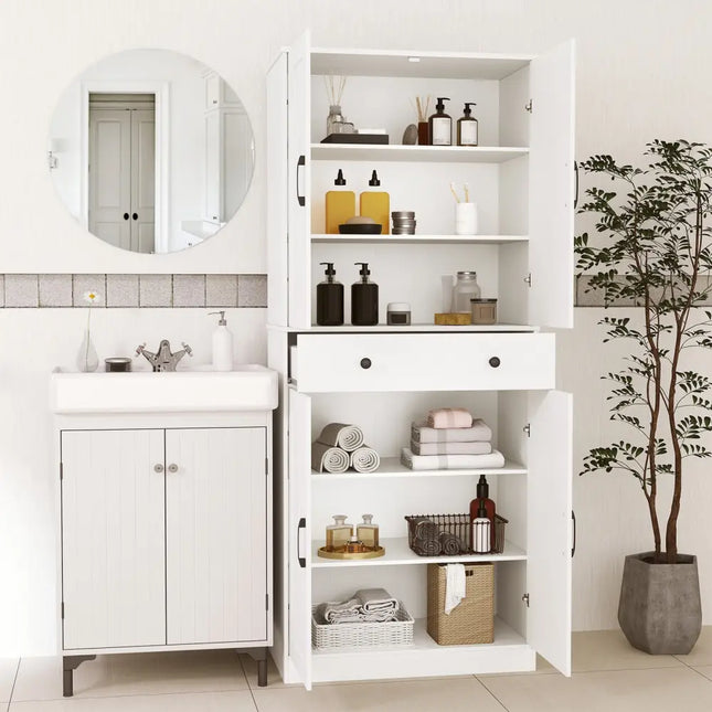 72 Inch Tall Modern Farmhouse Cupboard Cabinet with 4 Barn Doors-White - White - Clothing & Closet Storage