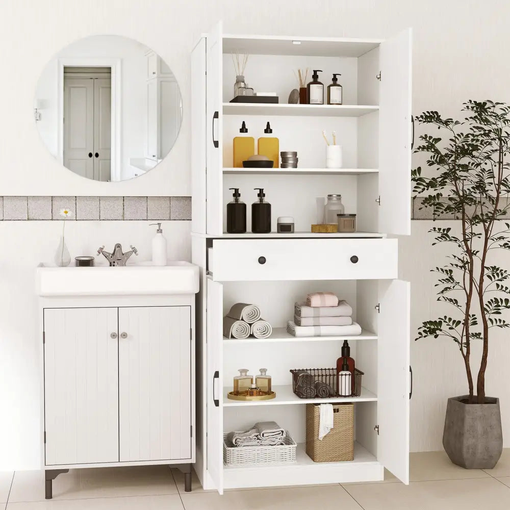 72 Inch Tall Modern Farmhouse Cupboard Cabinet with 4 Barn Doors-White - White - Clothing & Closet Storage
