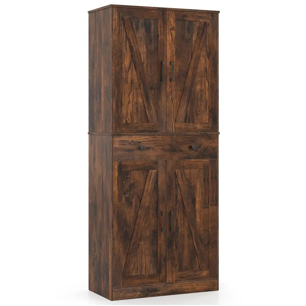 72 Inch Tall Modern Farmhouse Cupboard Cabinet with 4 Barn Doors-Coffee - Coffee - Cabinets & Chests