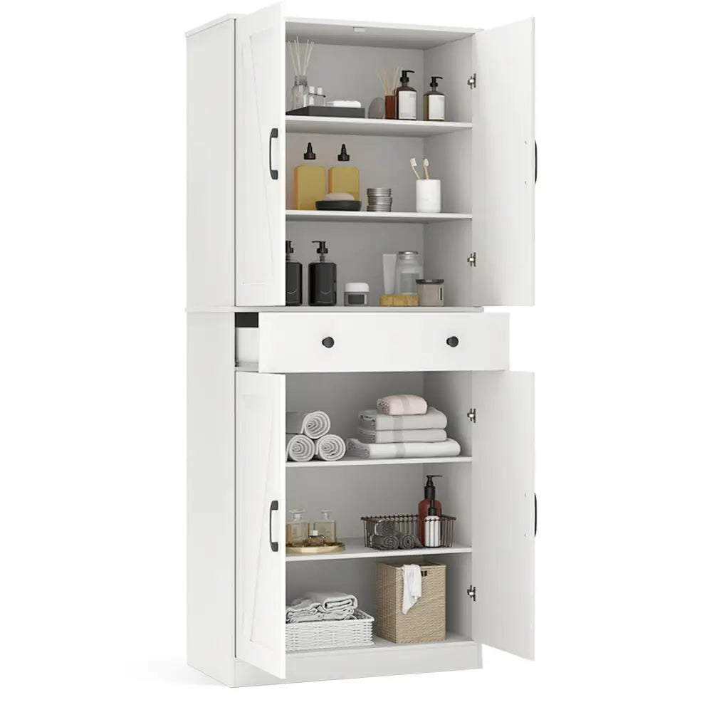 72 Inch Tall Modern Farmhouse Cupboard Cabinet with 4 Barn Doors-White - White - Clothing & Closet Storage