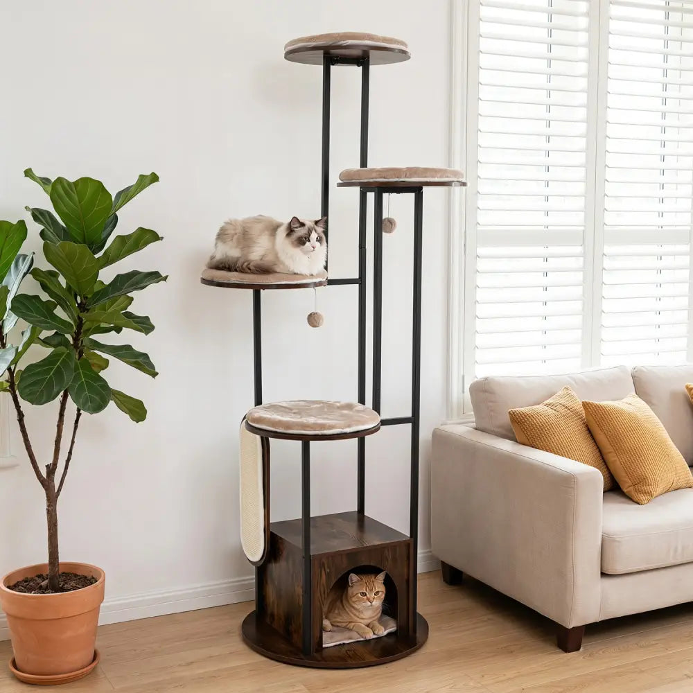 72-Inch Tall Multi-Level Cat Condo with Top Perch Platforms and Removable Washable Mats-Rustic Brown - Rustic Brown