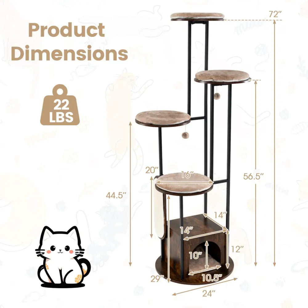 72-Inch Tall Multi-Level Cat Condo with Top Perch Platforms and Removable Washable Mats-Rustic Brown - Rustic Brown