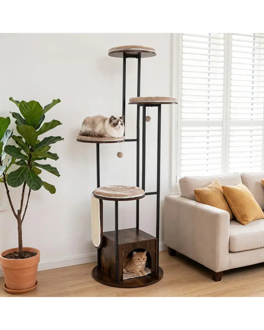 72-Inch Tall Multi-Level Cat Condo with Top Perch Platforms and Removable Washable Mats-Rustic Brown - Rustic Brown