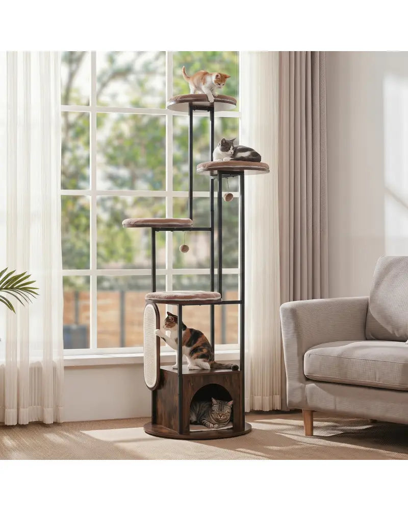 72-Inch Tall Multi-Level Cat Condo with Top Perch Platforms and Removable Washable Mats-Rustic Brown - Rustic Brown
