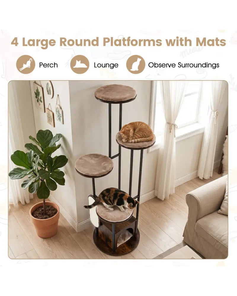 72-Inch Tall Multi-Level Cat Condo with Top Perch Platforms and Removable Washable Mats-Rustic Brown - Rustic Brown